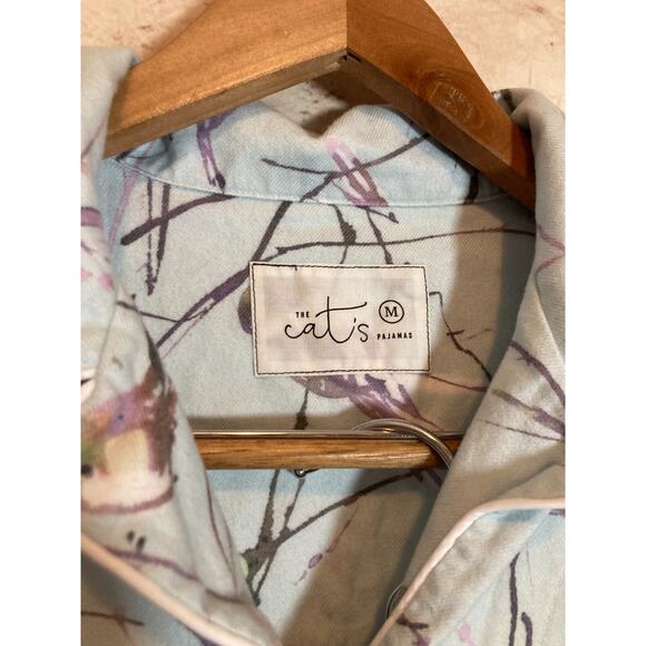 The Cat's Pajamas Flannel Pajama Set Womens Medium Blue Bird Print Winter Scene - Picture 7 of 15